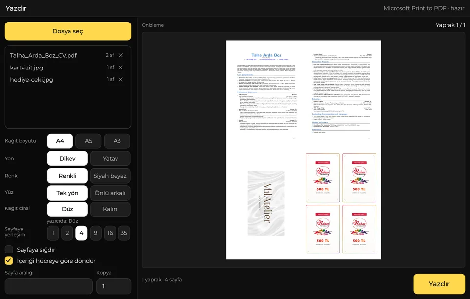 Kolay Yazdır placing a CV, a business card and a gift voucher four to a sheet