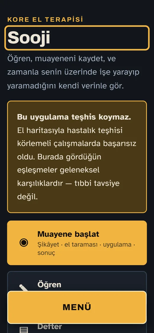 Sooji home screen with a warning that the app does not diagnose