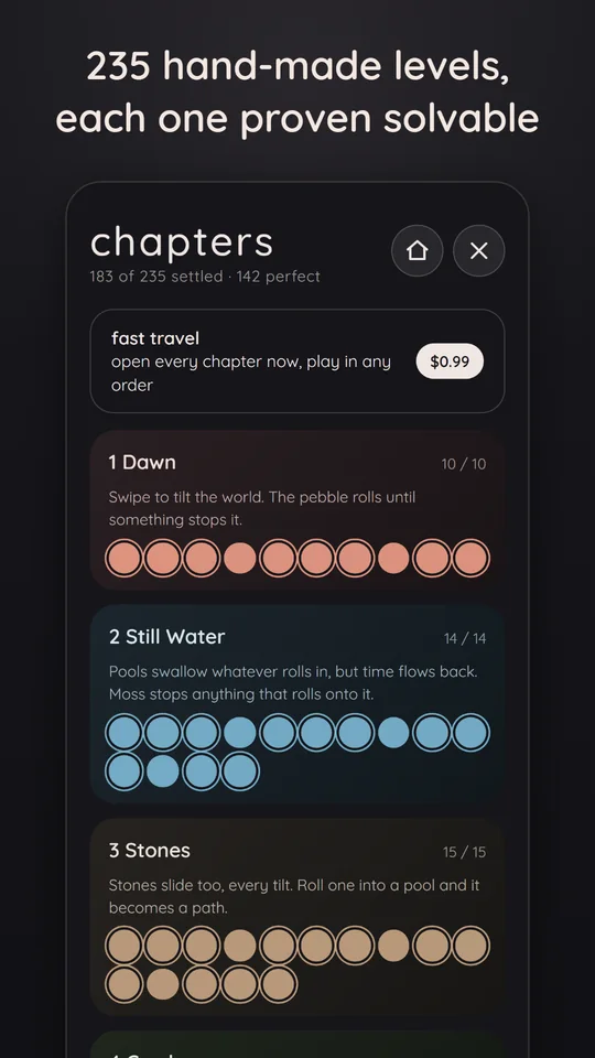 The chapter list: each chapter's levels shown as small pebbles, settled or not yet